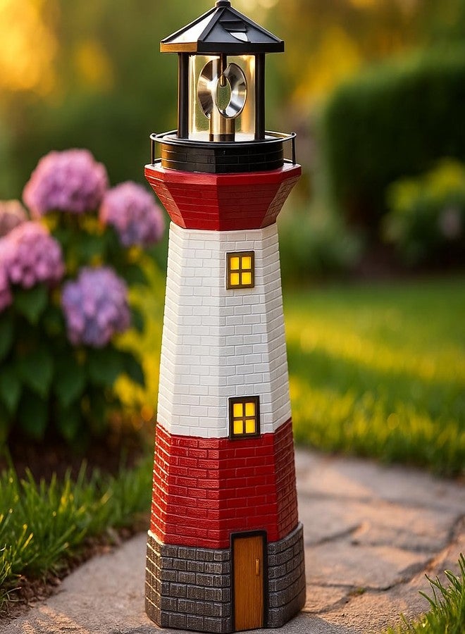 Jumbl 15" Red Solar Lighthouse with Rotating LED – Nautical Outdoor Resin Décor for Coastal Gardens and Yards - Image 2