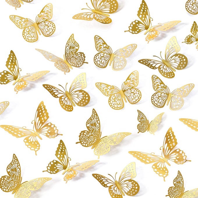 3D BUTTERFLY HOME DECOR SHIMMER GOLDEN BUTTERFLIES SET OF 12 WITH STICKING PAD 36