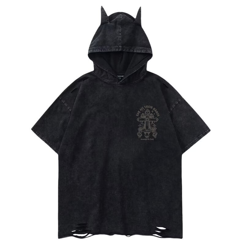 Retro Washed Distressed Dark Destruction Short-Sleeved T-Shirt Men'S Summer Little Devil Couple Pure Cotton Hooded Half-Sleeve - Image 1