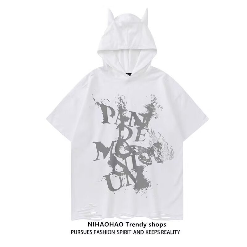 Retro Washed Distressed Dark Destruction Short-Sleeved T-Shirt Men'S Summer Little Devil Couple Pure Cotton Hooded Half-Sleeve - Image 4