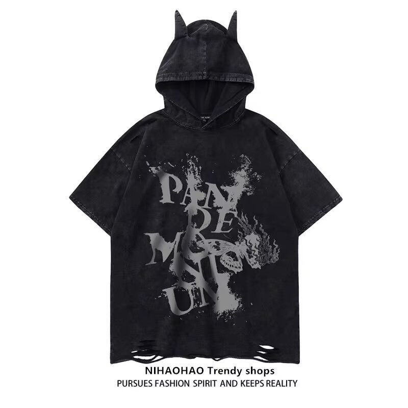 Retro Washed Distressed Dark Destruction Short-Sleeved T-Shirt Men'S Summer Little Devil Couple Pure Cotton Hooded Half-Sleeve - Image 2