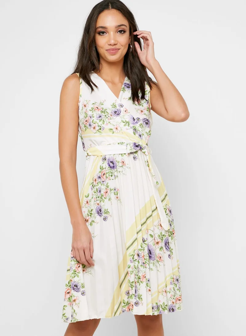 ELLA Floral Print Wrap Front Pleated Midi Dress