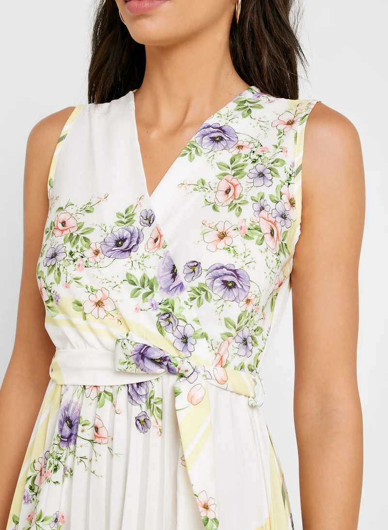 ELLA Floral Print Wrap Front Pleated Midi Dress