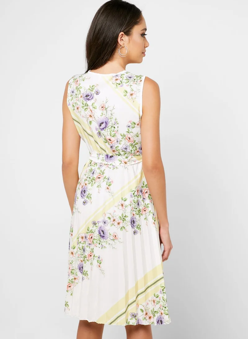 ELLA Floral Print Wrap Front Pleated Midi Dress