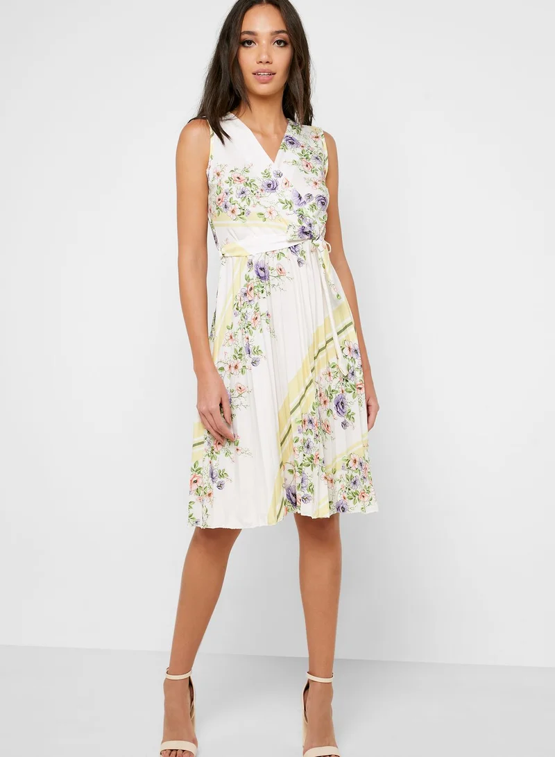 ELLA Floral Print Wrap Front Pleated Midi Dress