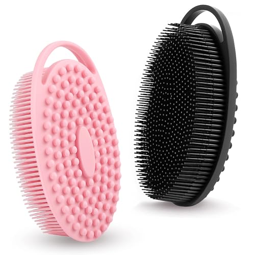 ZYLOP Soft Silicone Body Scrubber Loofah - 2 Pack Gentle Loofah Alternative, Fast-Drying, Hygienic Shower Brush Body Wash Scrubber for Sensitive Skin, Lather Well, Easy to Clean, Black and Pink - Image 1