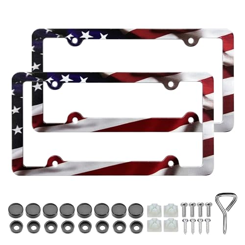 LIN KANG American Flag License Plate Frame Holder 2 Pack Patriotic Universal Aluminum Matte Stripe US Flag Gloss Car Plate Frame Covers with 4 Holes and Screws Fasteners Caps - Image 1