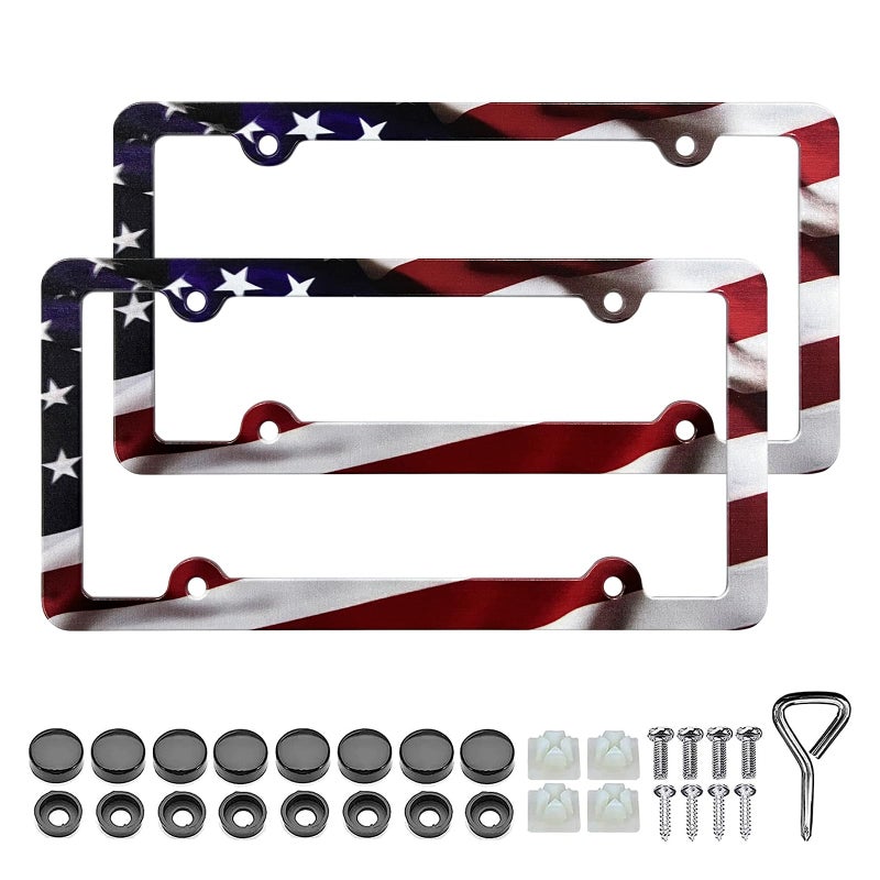 LIN KANG American Flag License Plate Frame Holder 2 Pack Patriotic Universal Aluminum Matte Stripe US Flag Gloss Car Plate Frame Covers with 4 Holes and Screws Fasteners Caps - Image 3