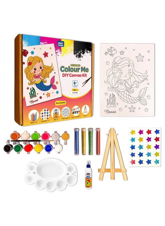 Mini Leaves Mini Leaves DIY Art Set Colour Me Mermaid DIY Canvas Art Kit with Wooden Easel, Premium Paint Kit for Kids 6+ Years, Brush, Glitters, Beginner DIY Canvas Kit for Kids, Single Piece - 8 x 6 Inches  - Image 1