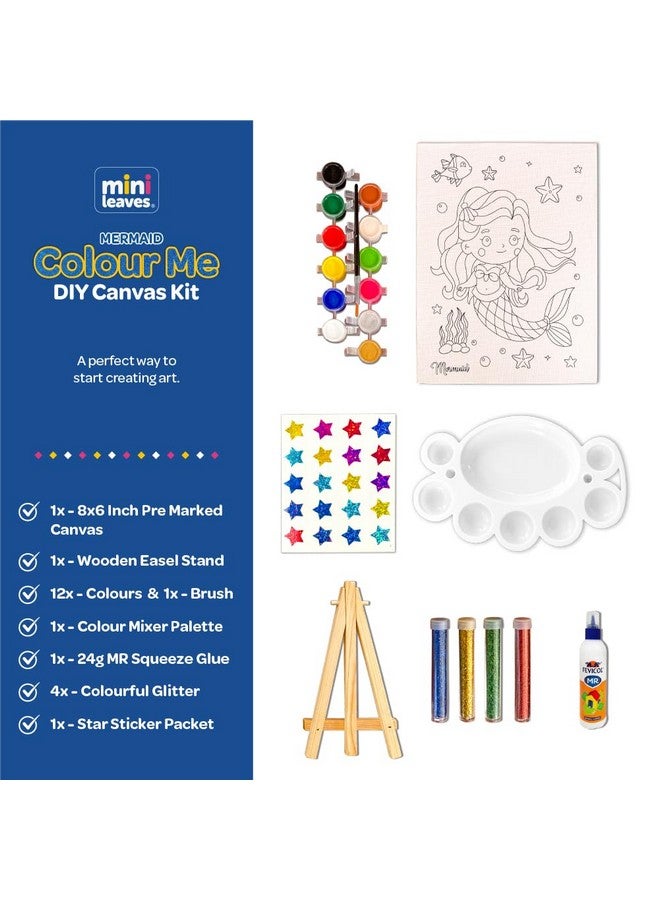 Mini Leaves Mini Leaves DIY Art Set Colour Me Mermaid DIY Canvas Art Kit with Wooden Easel, Premium Paint Kit for Kids 6+ Years, Brush, Glitters, Beginner DIY Canvas Kit for Kids, Single Piece - 8 x 6 Inches  - Image 2