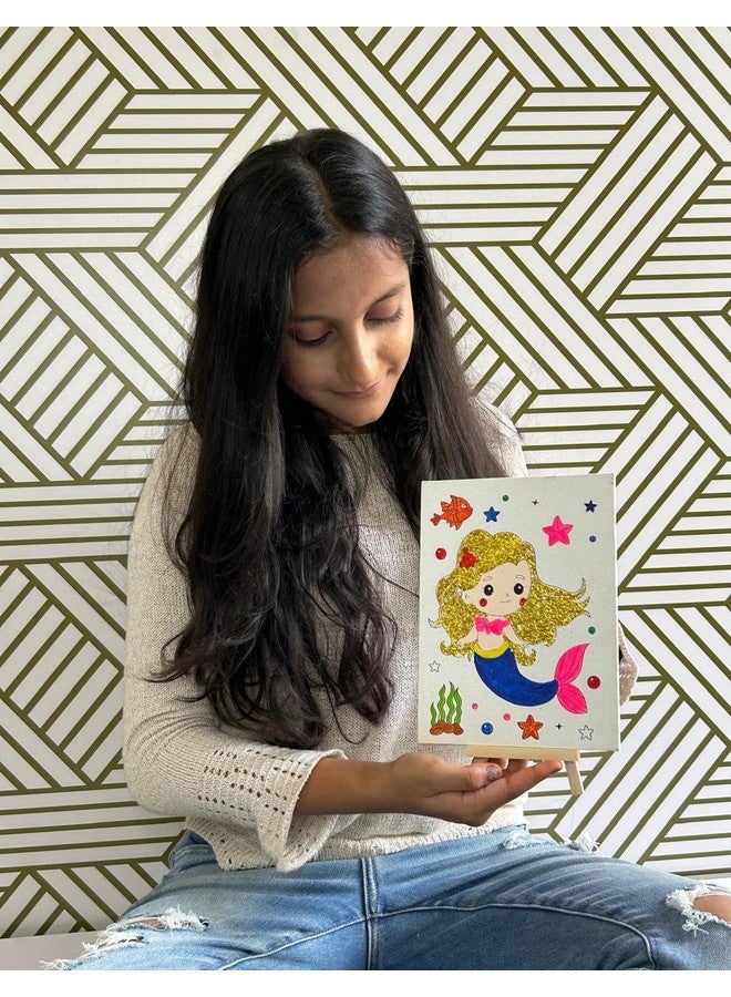 Mini Leaves Mini Leaves DIY Art Set Colour Me Mermaid DIY Canvas Art Kit with Wooden Easel, Premium Paint Kit for Kids 6+ Years, Brush, Glitters, Beginner DIY Canvas Kit for Kids, Single Piece - 8 x 6 Inches  - Image 5
