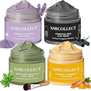 ANRCOLLECT Face Masks Set for Women 4Pack Clay Face Mask with Charcoal Face Mask Vitamin C Clay Mask Mugwort Mask Purple Clay Mask Face Masks Skincare Facial Mask Kits for Pore Cleansing 280G - Image 1