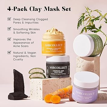 ANRCOLLECT Face Masks Set for Women 4Pack Clay Face Mask with Charcoal Face Mask Vitamin C Clay Mask Mugwort Mask Purple Clay Mask Face Masks Skincare Facial Mask Kits for Pore Cleansing 280G - Image 2