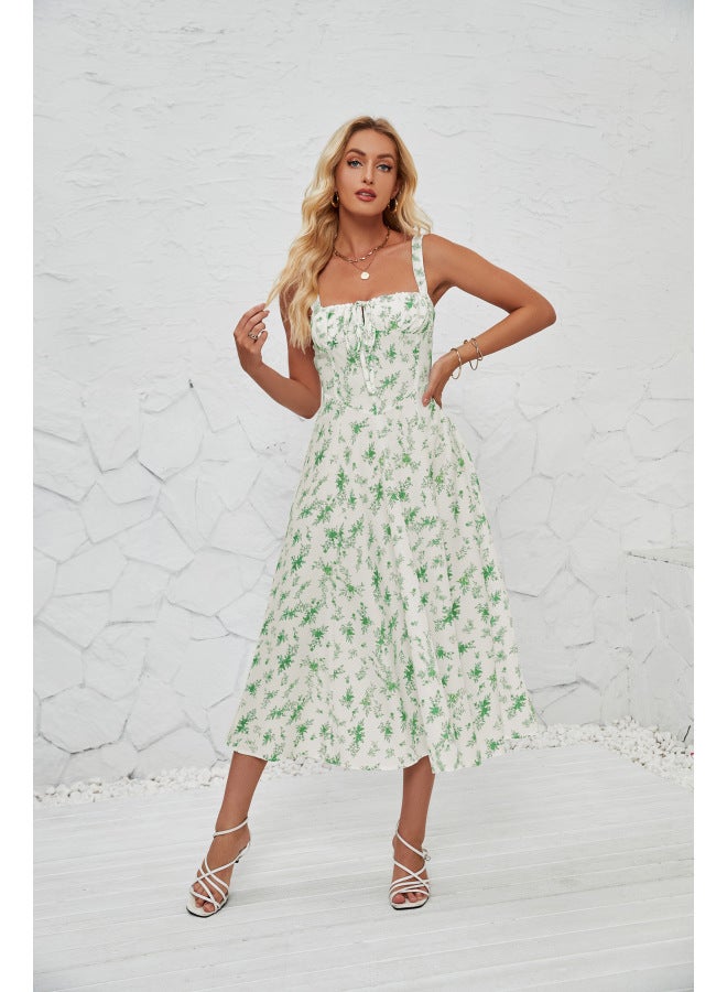 SPRING Summer Straps European And American Women's Fashion Floral Print Pastoral Long Elegant Dress - Image 1