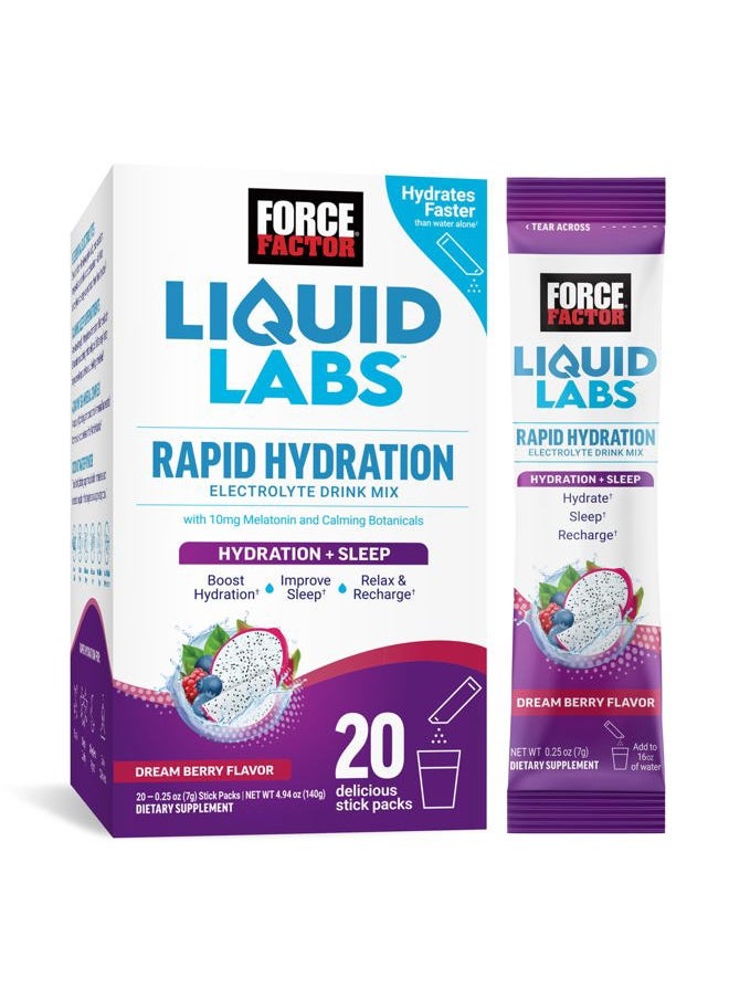 Force Factor FORCE FACTOR Liquid Labs Sleep, Electrolytes Powder & Sleep Aid with Melatonin 10mg, Hydration Packets for Sleep Support with Vitamins, Minerals, & Antioxidants, Dream Berry Flavor, 20 Stick Packs  - Image 1