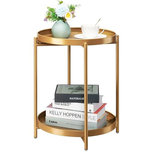 danpinera 2Tier End Table Outdoor Side Table Metal Round Side Table with Removable Tray Small Folding Accent Table AntiRust Nightstand for Bedroom Balcony Patio Living Room Gold
