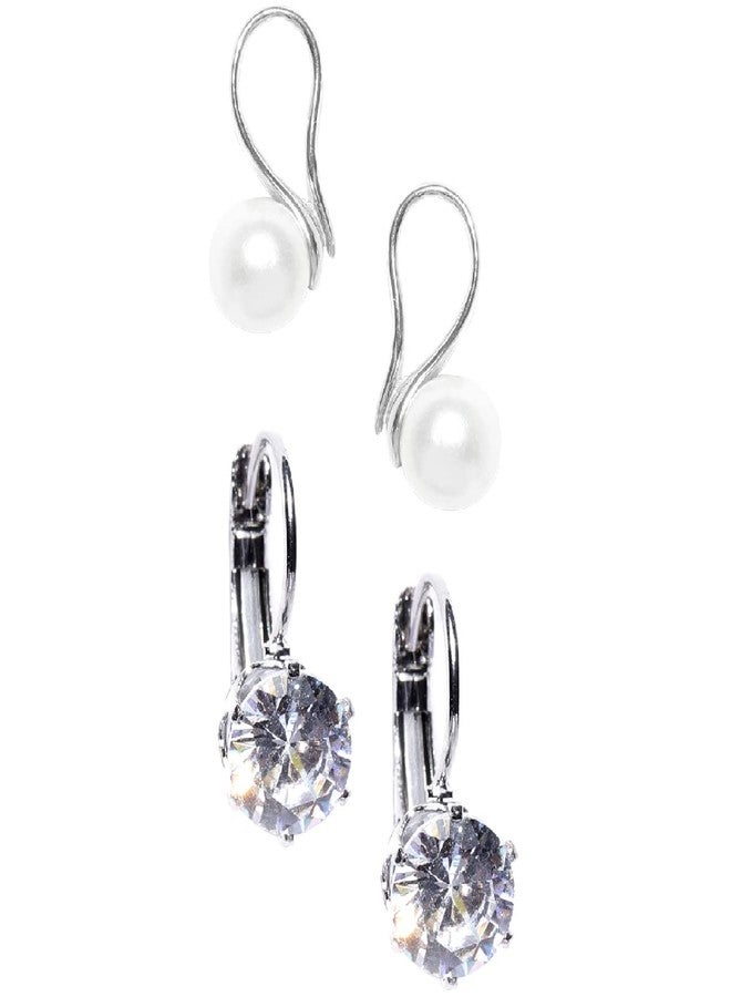 Fabula by OOMPH Jewellery Combo of 2 Pearl & Cubic Zirconia Delicate Drop Earrings For Women & Girls - Image 1