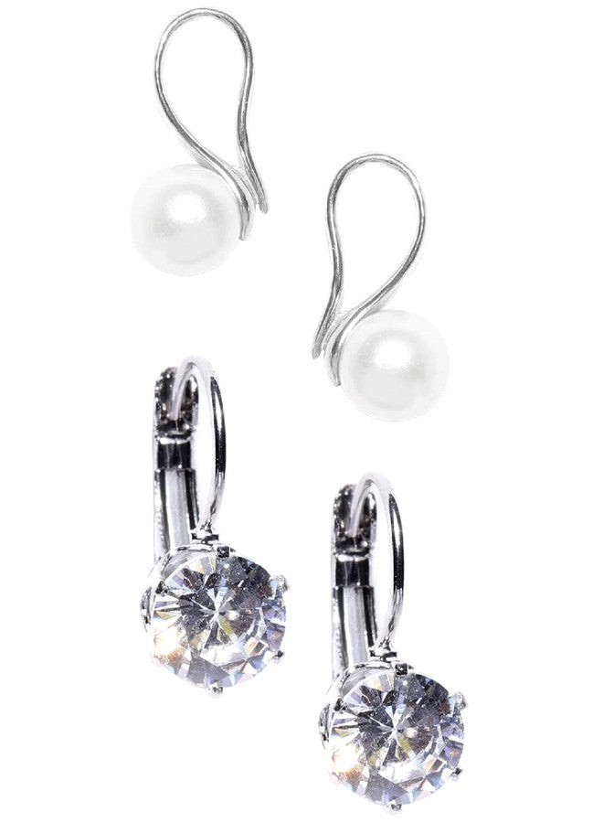 Fabula by OOMPH Jewellery Combo of 2 Pearl & Cubic Zirconia Delicate Drop Earrings For Women & Girls - Image 2