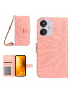 HuHa Case Cover For Xiaomi Redmi 13C 5G Skin Feel Sun Flower Embossed Flip Leather Phone Case with Lanyard Pink 