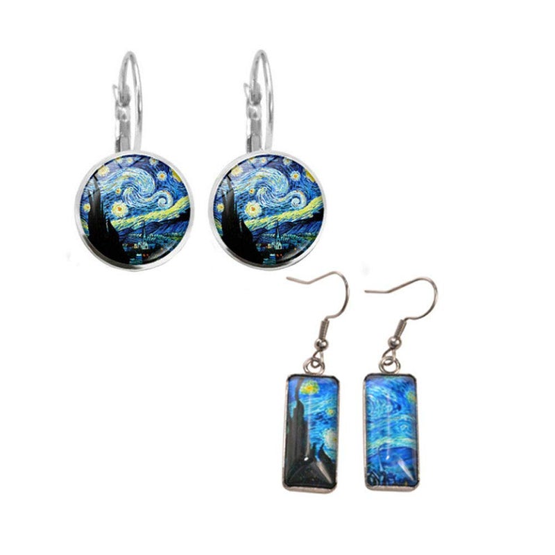 Wixine 2Pair Rectangle Van Gogh Starry Night Landscape Square Circle Van Gogh Starry Night Silver Trendy Glass Earrings - Image 1