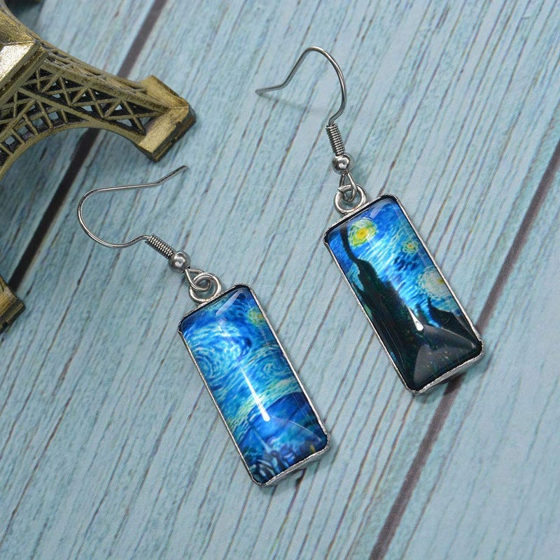 Wixine 2Pair Rectangle Van Gogh Starry Night Landscape Square Circle Van Gogh Starry Night Silver Trendy Glass Earrings - Image 4