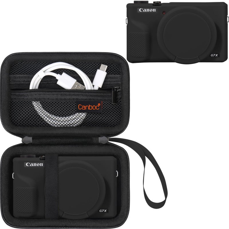 Canboc Case for Canon PowerShot G7X Mark III Digital Camera, 1* Hard Carrying Case + 1* Soft Silicone Cover with Removable Lens Cover, Black (Case Only) - Image 1