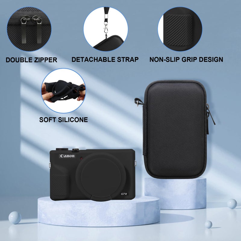 Canboc Case for Canon PowerShot G7X Mark III Digital Camera, 1* Hard Carrying Case + 1* Soft Silicone Cover with Removable Lens Cover, Black (Case Only) - Image 5