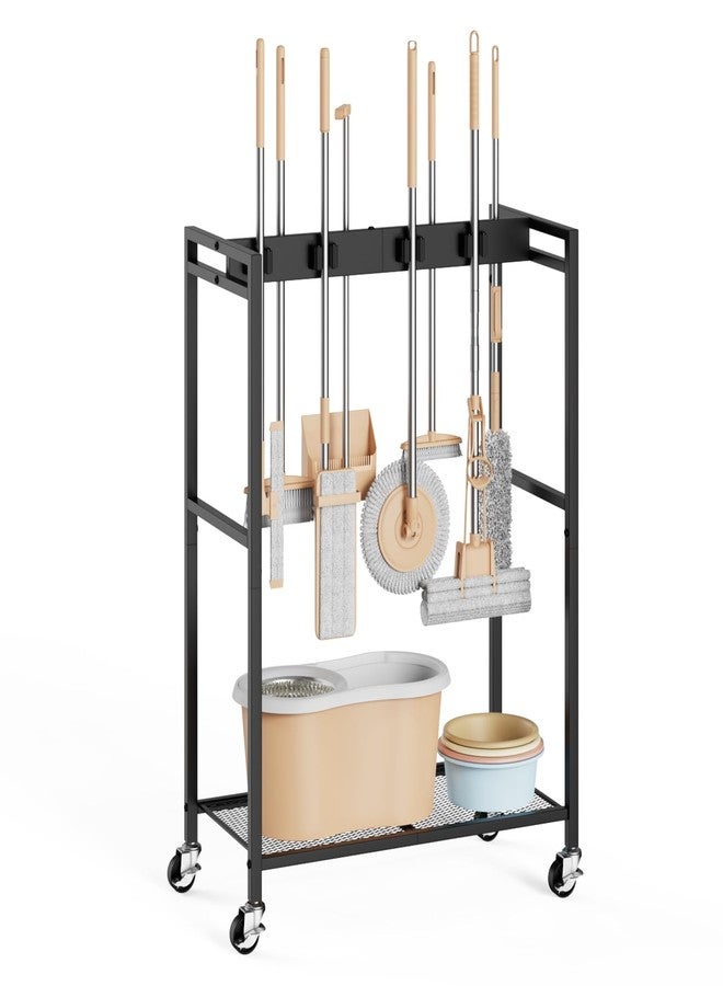 BORISI Broom and Mop Holder, Movable Broom Closet Storage Cabinet, Cleaning Cart with Mop Hanger Gripper Rack, Janitorial Cart, Utility Carts, Laundry Room Organization Home Essentials - Image 1