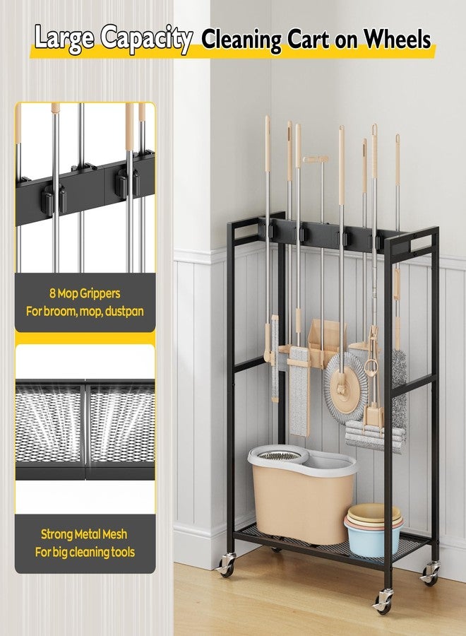 BORISI Broom and Mop Holder, Movable Broom Closet Storage Cabinet, Cleaning Cart with Mop Hanger Gripper Rack, Janitorial Cart, Utility Carts, Laundry Room Organization Home Essentials - Image 5