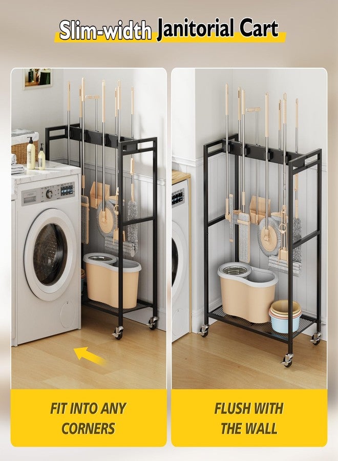 BORISI Broom and Mop Holder, Movable Broom Closet Storage Cabinet, Cleaning Cart with Mop Hanger Gripper Rack, Janitorial Cart, Utility Carts, Laundry Room Organization Home Essentials - Image 4