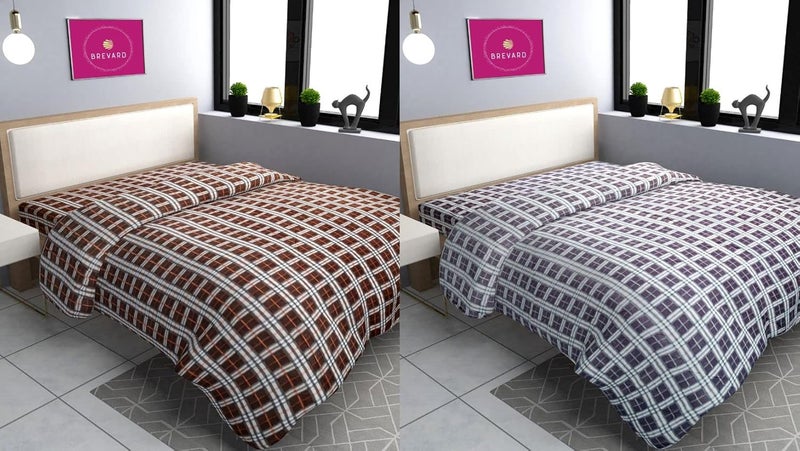 BREVARD BREVARD Single Bed Woolen Fabric Checkered Quilt CoverDuvet CoverRajai CoverBlanket Cover for Winters 70x90 Inches Grey and Brown Combo of 2  - Image 1
