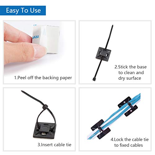 10Gtek Self Adhesive Cable Tie Mounts - 3M Strongly Adhesive-Backed Zip Tie Base Holders for Home, Office Cable Wire Management(21mm x 21mm, Black, 100pack) - Image 4