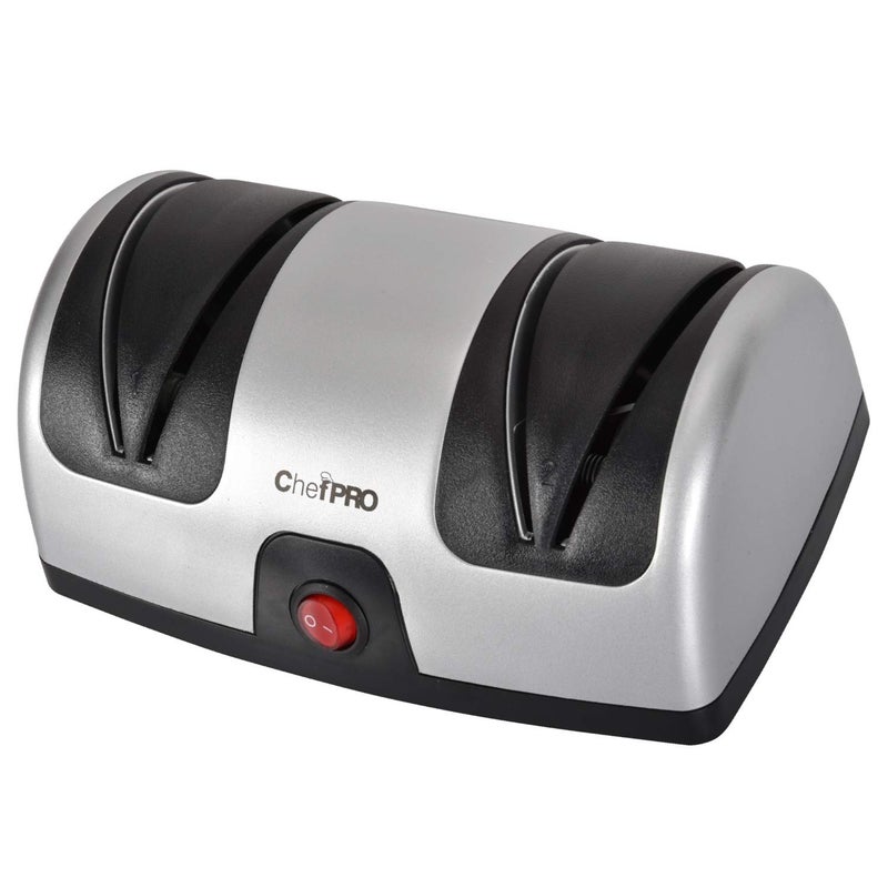 Chef Pro ELECTRIC KITCHEN KNIFE SHARPENER AND POLISHING SYSTEM by CHEF PRO 2Stage Sharpening Compact And EasytoUse Design Suction Cup Bottom and Easy Cleaning BlackSilver 