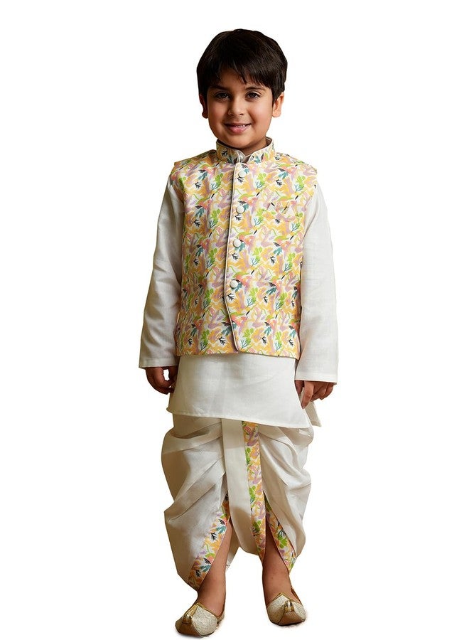 AJ DEZINES Kids Cotton Full Sleeve Printed Yellow Dhoti Kurta Set for Boys - Ethnic wear | Traditional & Festival Wear|Waistcoat for boys - Regular Fit (1952-YELLOW-5) - Image 1