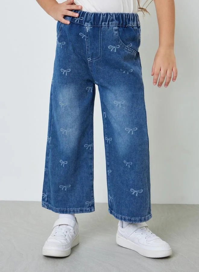 Styli Girls Bow Print Straight Leg Jeans