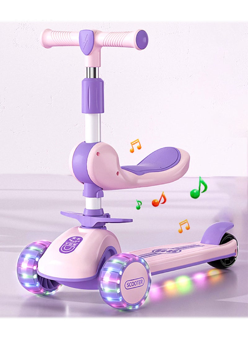 ماماتونس سكوتر ثلاثي العجلات للأطفال مع ارتفاع قابل للتعديل، مقعد قابل للطي والإزالة، أضواء LED وموسيقى، سكوتر تزلج مع عجلات من البولي يوريثان وفرامل للأطفال من سن 3 إلى 7 سنوات، بنفسجي ووردي