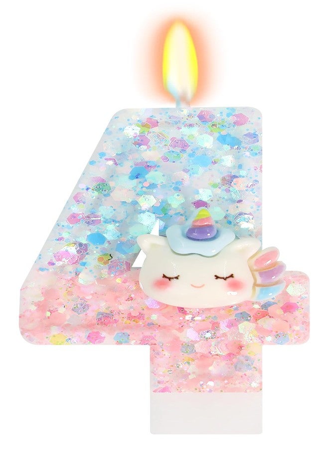 Elekfx Unicorn Number 4 Candle, Unicorn Birthday Decorations for Girls 4th Birthday Party Favors, Pastel Blue and Pink Rainbow Cake Topper with Sequins - Image 1