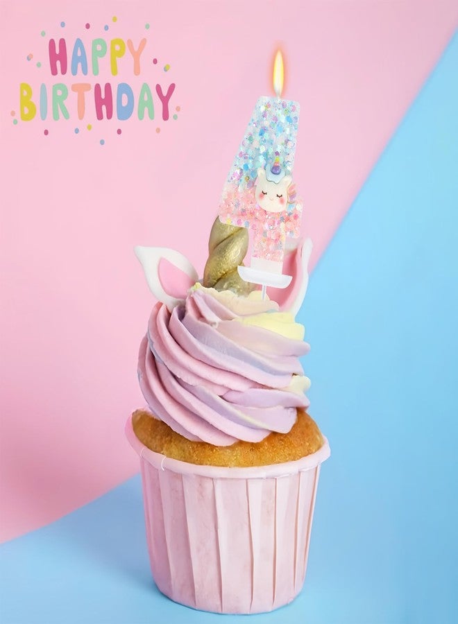 Elekfx Unicorn Number 4 Candle, Unicorn Birthday Decorations for Girls 4th Birthday Party Favors, Pastel Blue and Pink Rainbow Cake Topper with Sequins - Image 3