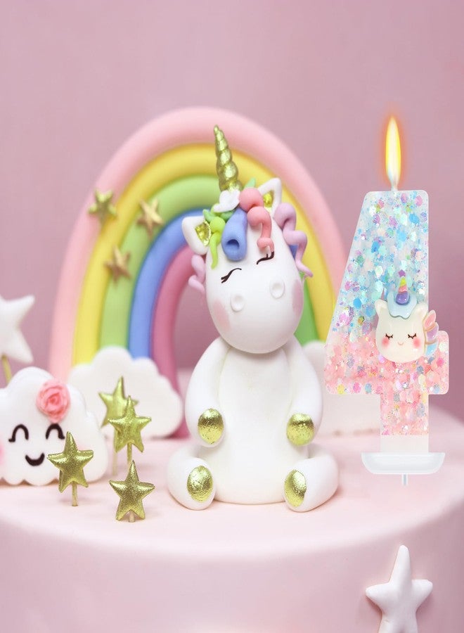 Elekfx Unicorn Number 4 Candle, Unicorn Birthday Decorations for Girls 4th Birthday Party Favors, Pastel Blue and Pink Rainbow Cake Topper with Sequins - Image 4
