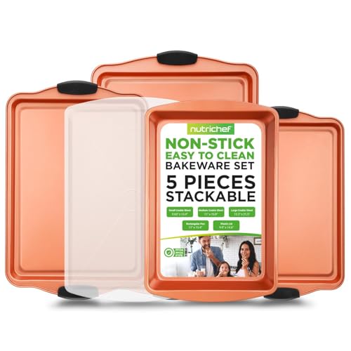 NutriChef 5Piece Baking Pans Set  Stackable Cookie Sheets  Roasting Pan w Lid  Convenient Sizes for Cooking  Baking Includes Builtin Silicone Handles  Easy to Clean Copper