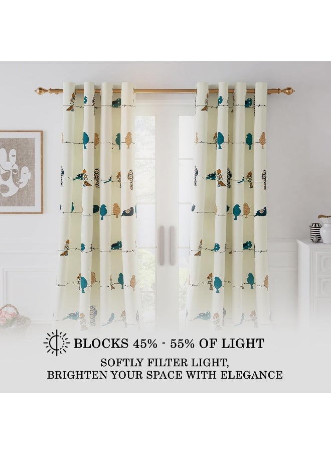 Story@Home - Story@Home 275 Cm 100% Cotton Canvas Fabric Birds Pattern Light Filtering Grommet Long Door Curtain, White & Mustard, Pack Of 2 - Image 1