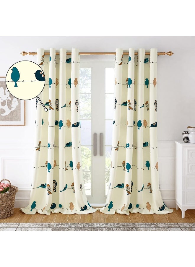 Story@Home - Story@Home 275 Cm 100% Cotton Canvas Fabric Birds Pattern Light Filtering Grommet Long Door Curtain, White & Mustard, Pack Of 2 - Image 1