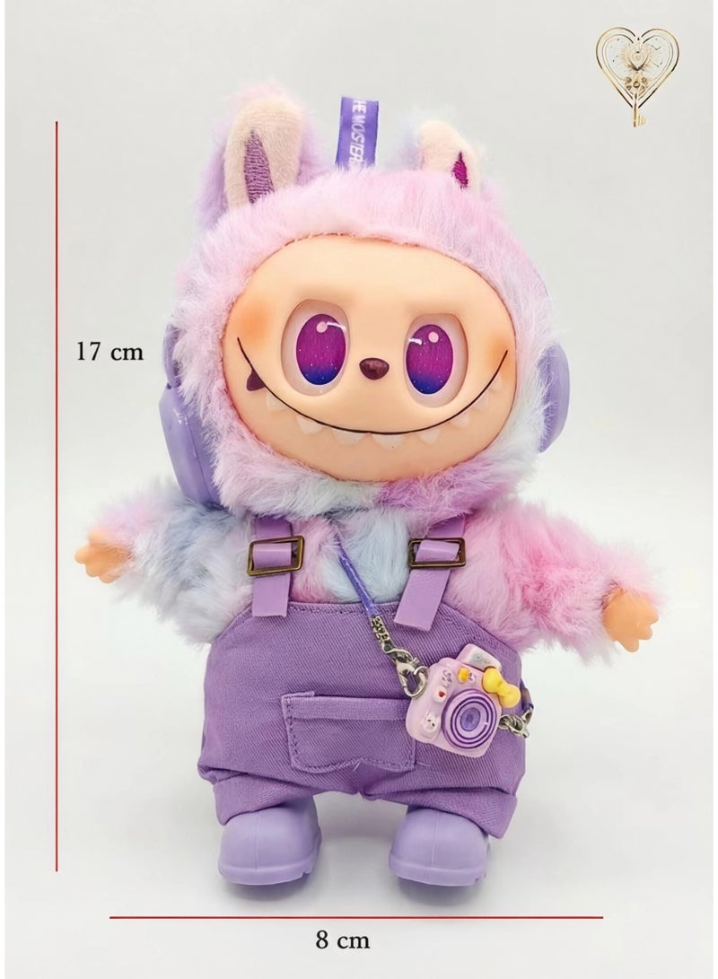 KeyAmor Labubu Plush Doll Keychain Set – 17cm Cute Monster Toy with Purple Furry Hoodie & Overalls – Soft Fluffy Labubu Keychain with Mini Camera Pendant – Doll and Clothes Included – Kawaii Labubu Figure for Bag, Purse, or Car Decoration – Collectible Gift for Kids & Adults - Image 3