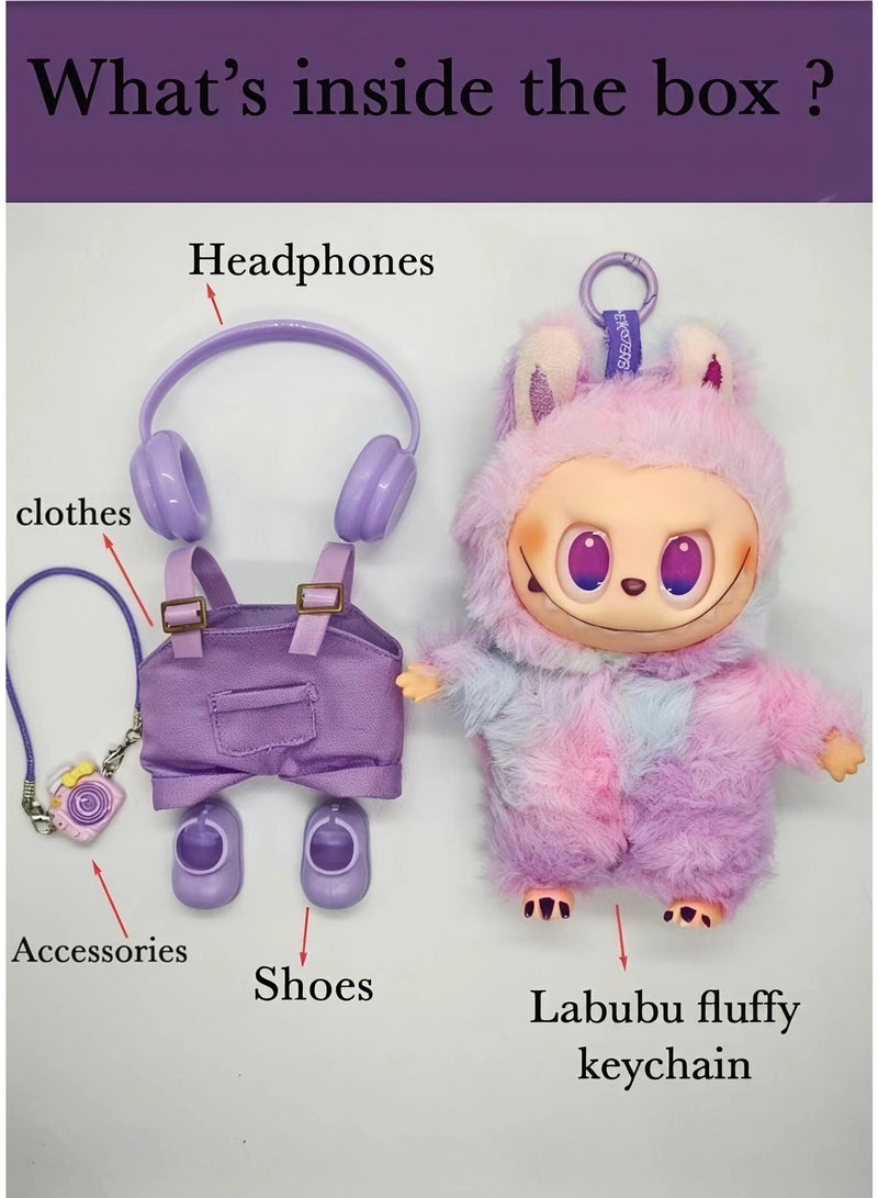KeyAmor Labubu Plush Doll Keychain 17cm – Cute Monster Toy with Purple Hoodie & Overalls – Kawaii Bag Charm with Mini Camera Pendant – Gift Set - Image 3
