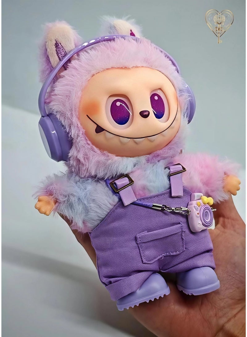 KeyAmor Labubu Plush Doll Keychain 17cm – Cute Monster Toy with Purple Hoodie & Overalls – Kawaii Bag Charm with Mini Camera Pendant – Gift Set - Image 2