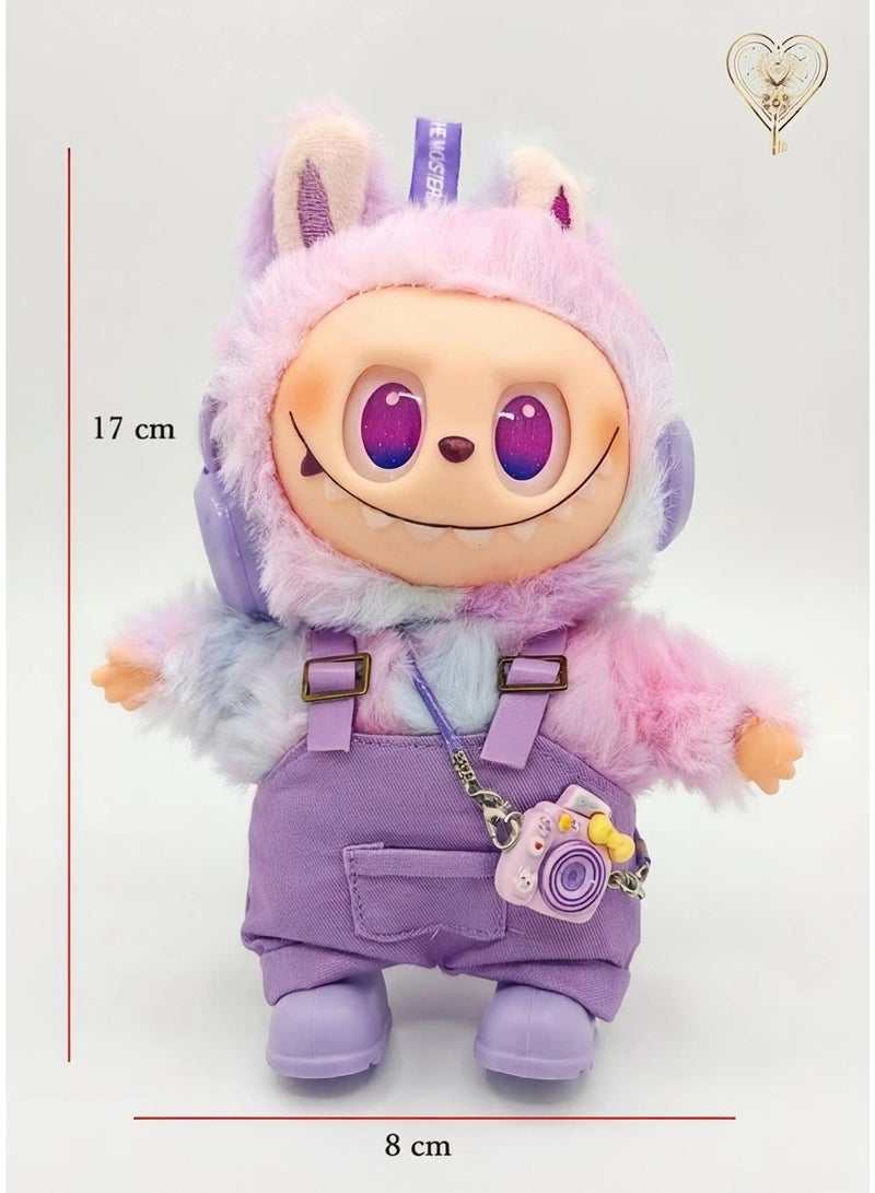 KeyAmor Labubu Plush Doll Keychain 17cm – Cute Monster Toy with Purple Hoodie & Overalls – Kawaii Bag Charm with Mini Camera Pendant – Gift Set - Image 4