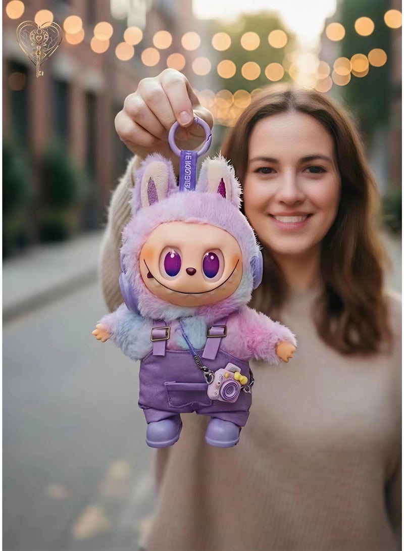 KeyAmor Labubu Plush Doll Keychain 17cm – Cute Monster Toy with Purple Hoodie & Overalls – Kawaii Bag Charm with Mini Camera Pendant – Gift Set - Image 1