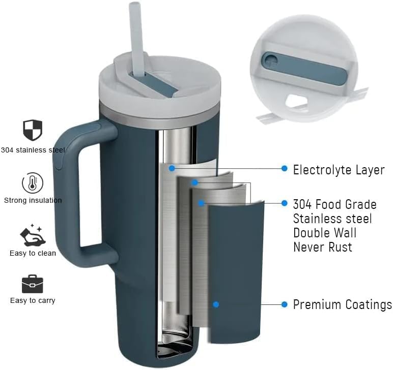 Lampostick Travel Mug with Handle Straw Stainless Steel Vacuum Insulated Tumbler with Straw and Lid Handle Heat Preservation Cup Cold Preservation Cup Outdoor Sports Travel Straw Cup Rose Cream - Image 4