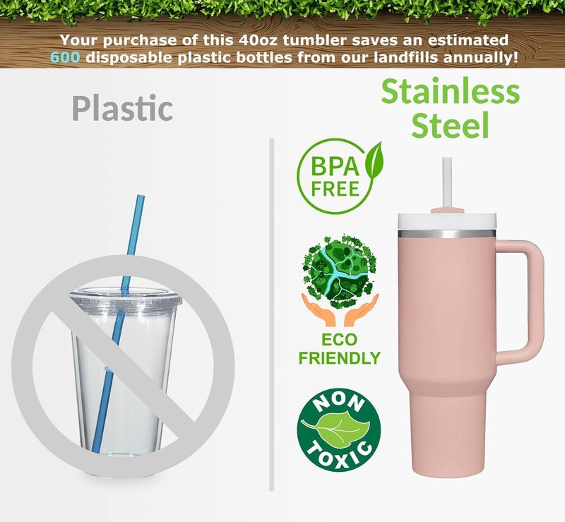 Lampostick Travel Mug with Handle Straw Stainless Steel Vacuum Insulated Tumbler with Straw and Lid Handle Heat Preservation Cup Cold Preservation Cup Outdoor Sports Travel Straw Cup Rose Cream - Image 3