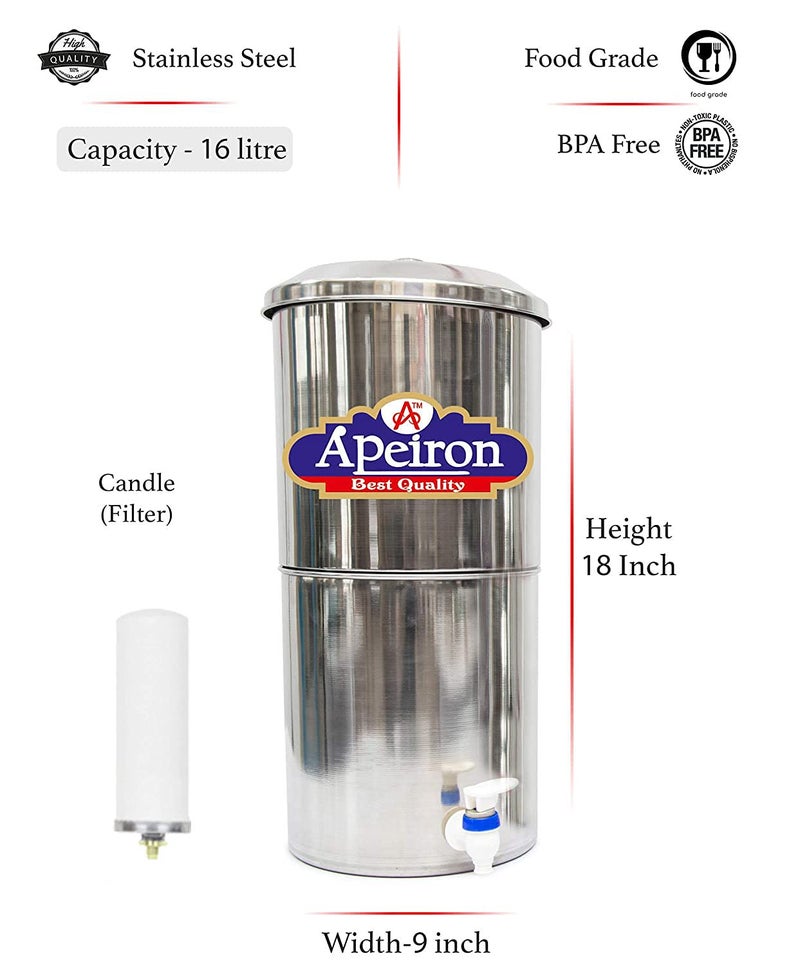 Apeiron Stainless Steel Non-Electric Candle Filter Water Filter With 1 Ceramic Candle With Brass Knob 16 Liter Capacity - Image 2